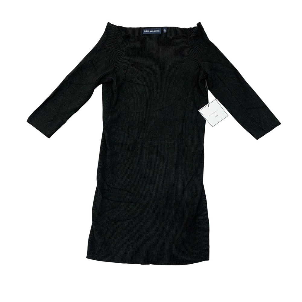 NWT 525 America Women's L Black Bodycon Off Sholder Ribbed Knit Mini Dress